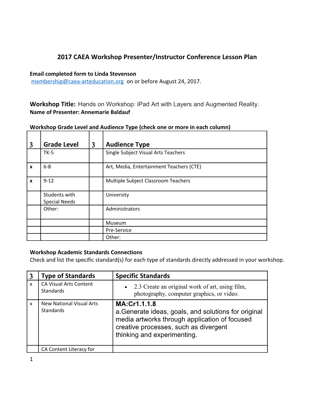 2017 CAEA Workshop Presenter/Instructor Conference Lesson Plan