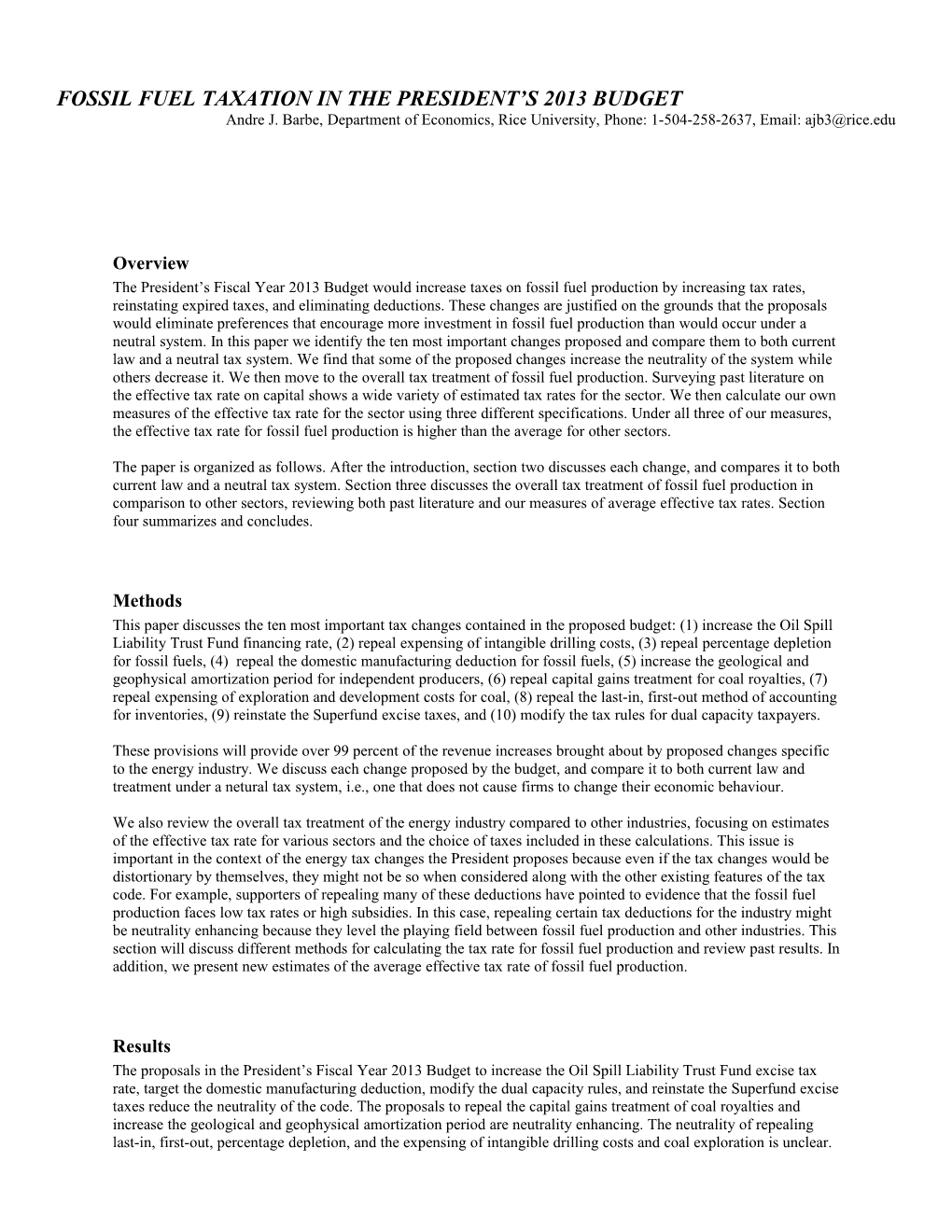 Fossil Fuel Taxation in the President's 2013 Budget