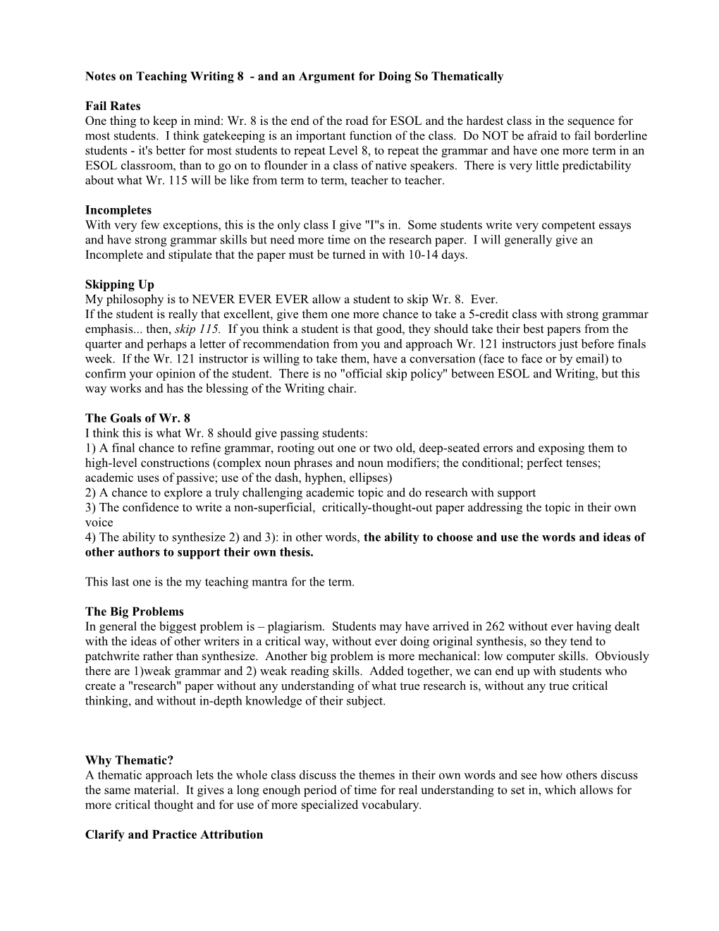 Notes on Teaching Writing 8 Thematically