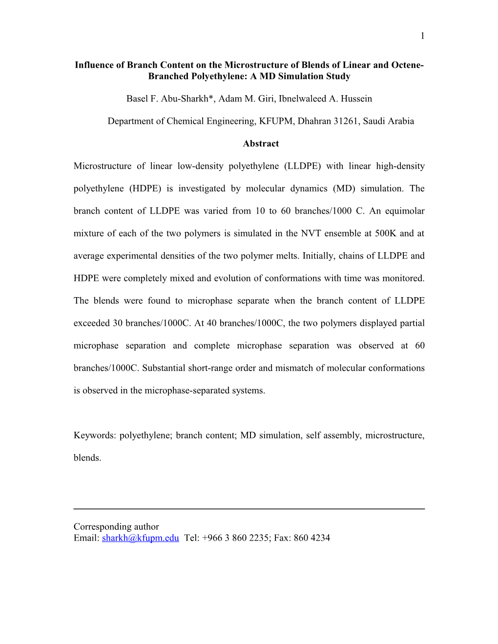 Influence of Branch Content on Melt Miscibility of HDPE and Metallocene Octene-LLDPE: MD