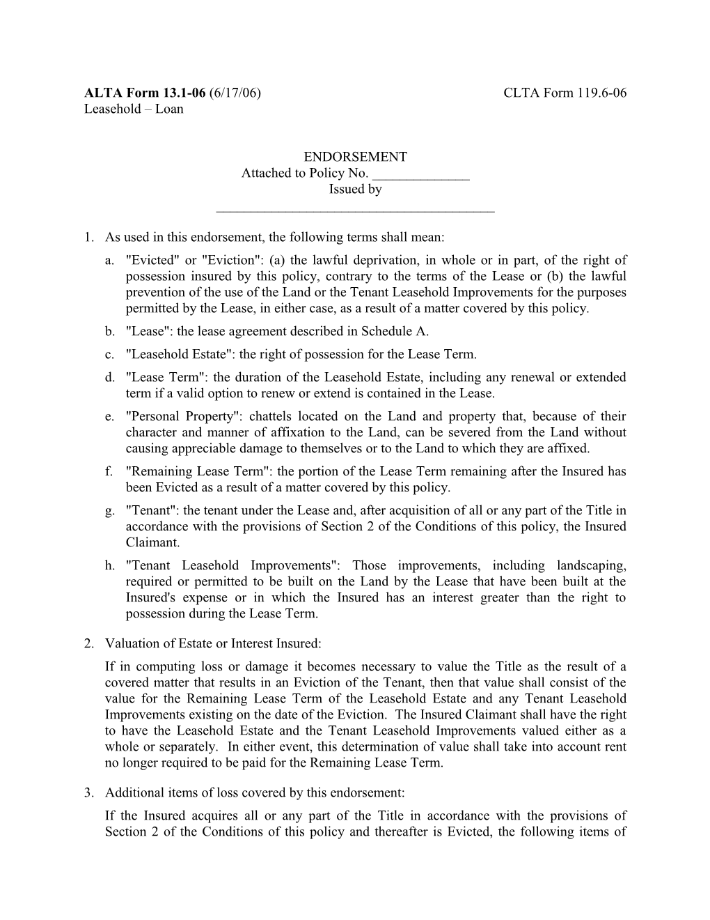 ALTA Form 13.1-06 (6/17/06)CLTA Form 119.6-06