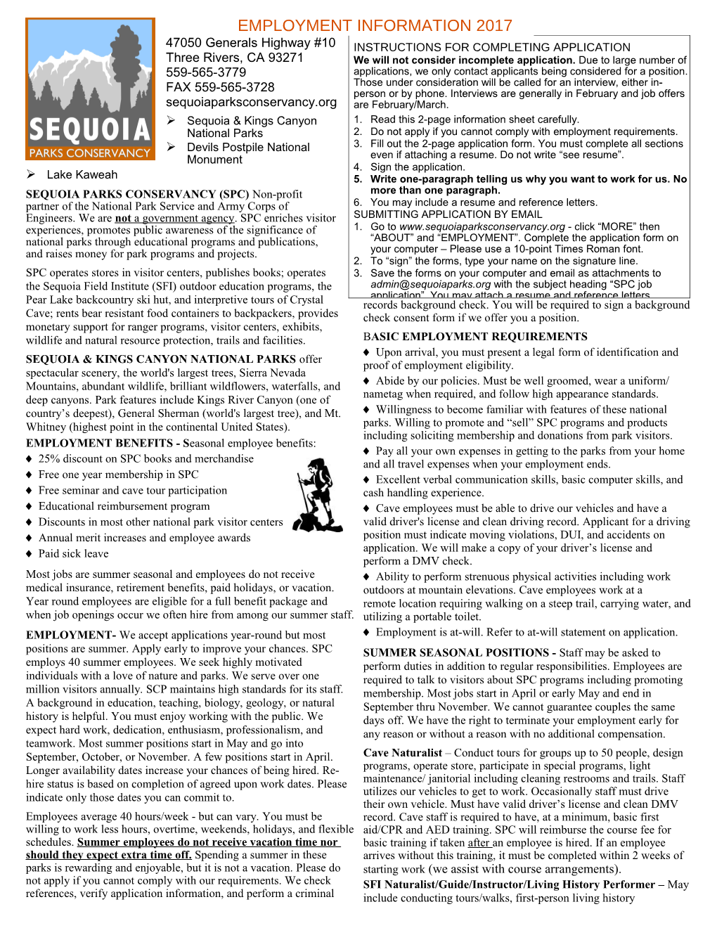 Sequoia Natural History Association Employment Application
