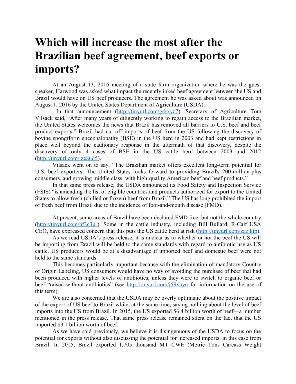 Which Will Increase the Most After the Brazilian Beef Agreement, Beef Exports Or Imports?