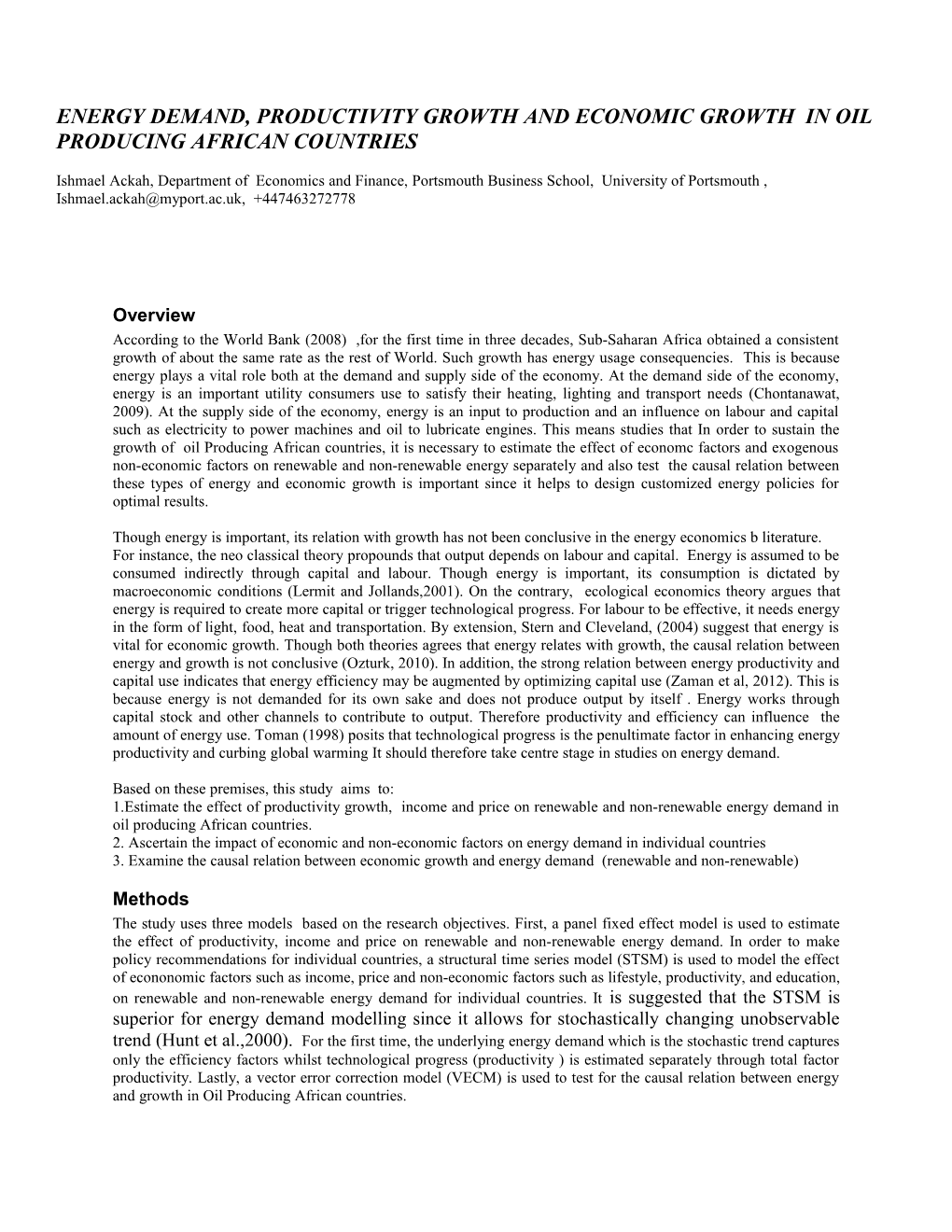 Energy Demand, Productivity Growth and Economic Growth in Oil Producing African Countries