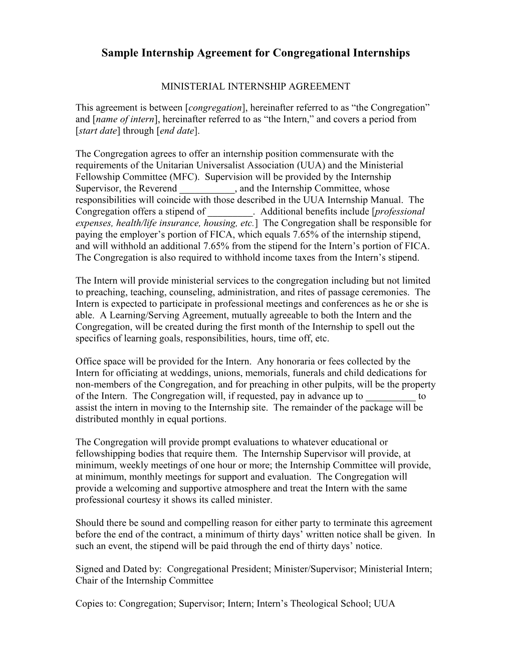 Sample Ministerial Internship Agreement