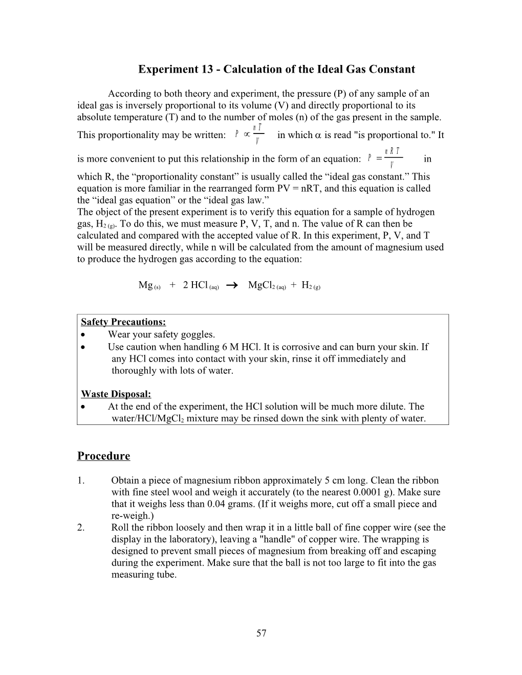 Experiment 13 - Calculation of the Ideal Gas Constant