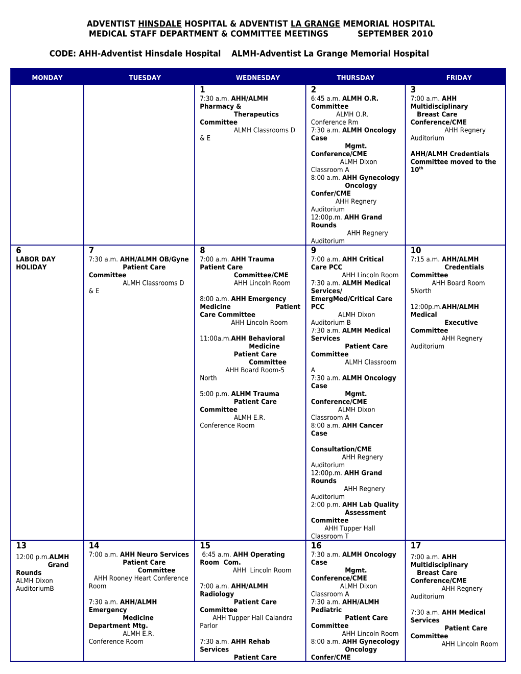 Hinsdale Hospital Medical Staff Meeting Schedule November 2004