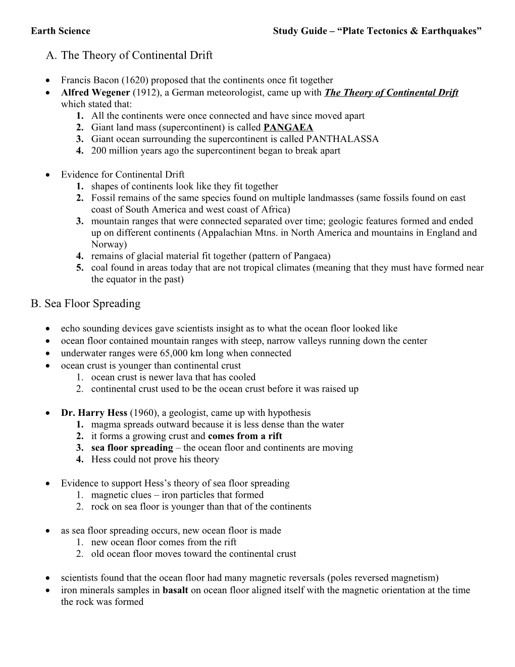 Earth Sciencestudy Guide Plate Tectonics & Earthquakes