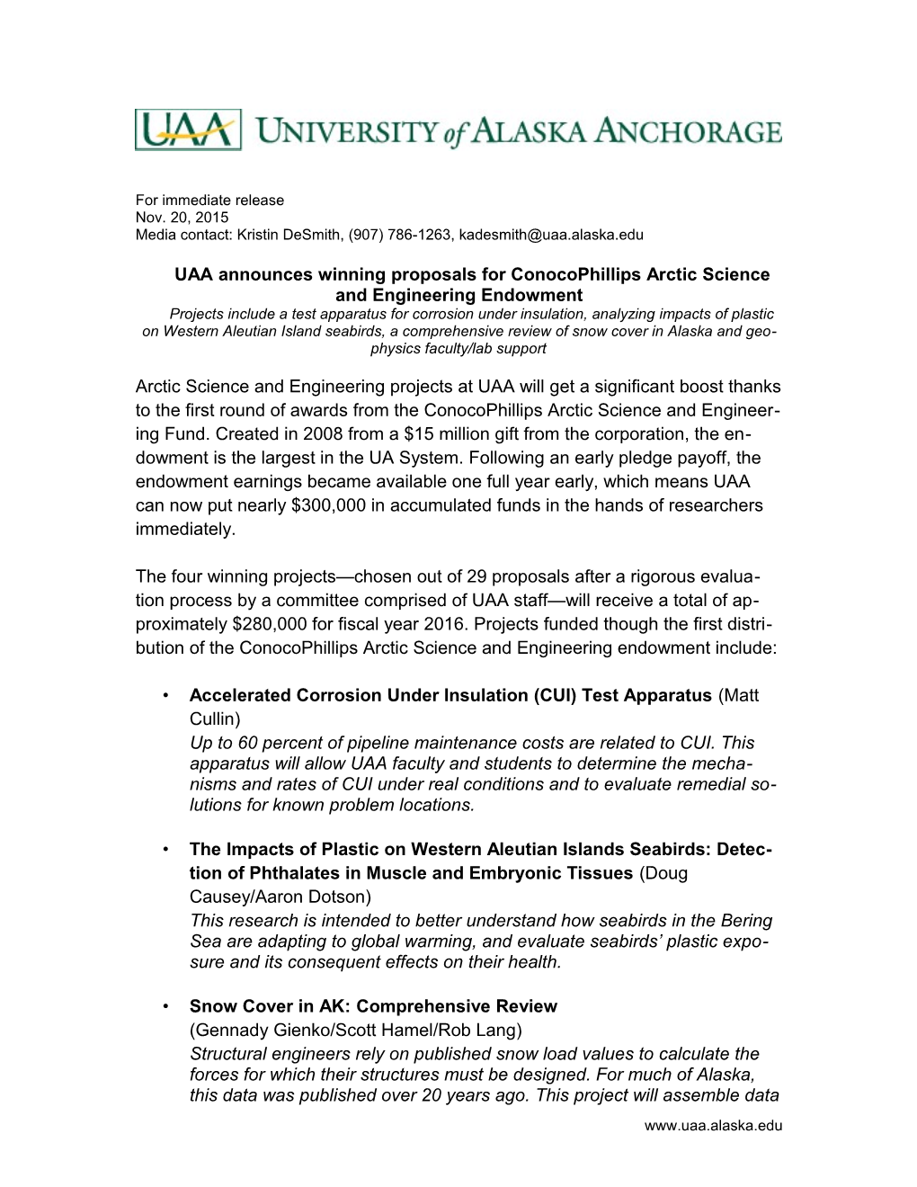 UAA Announces Winning Proposals for Conocophillips Arctic Science and Engineering Endowment