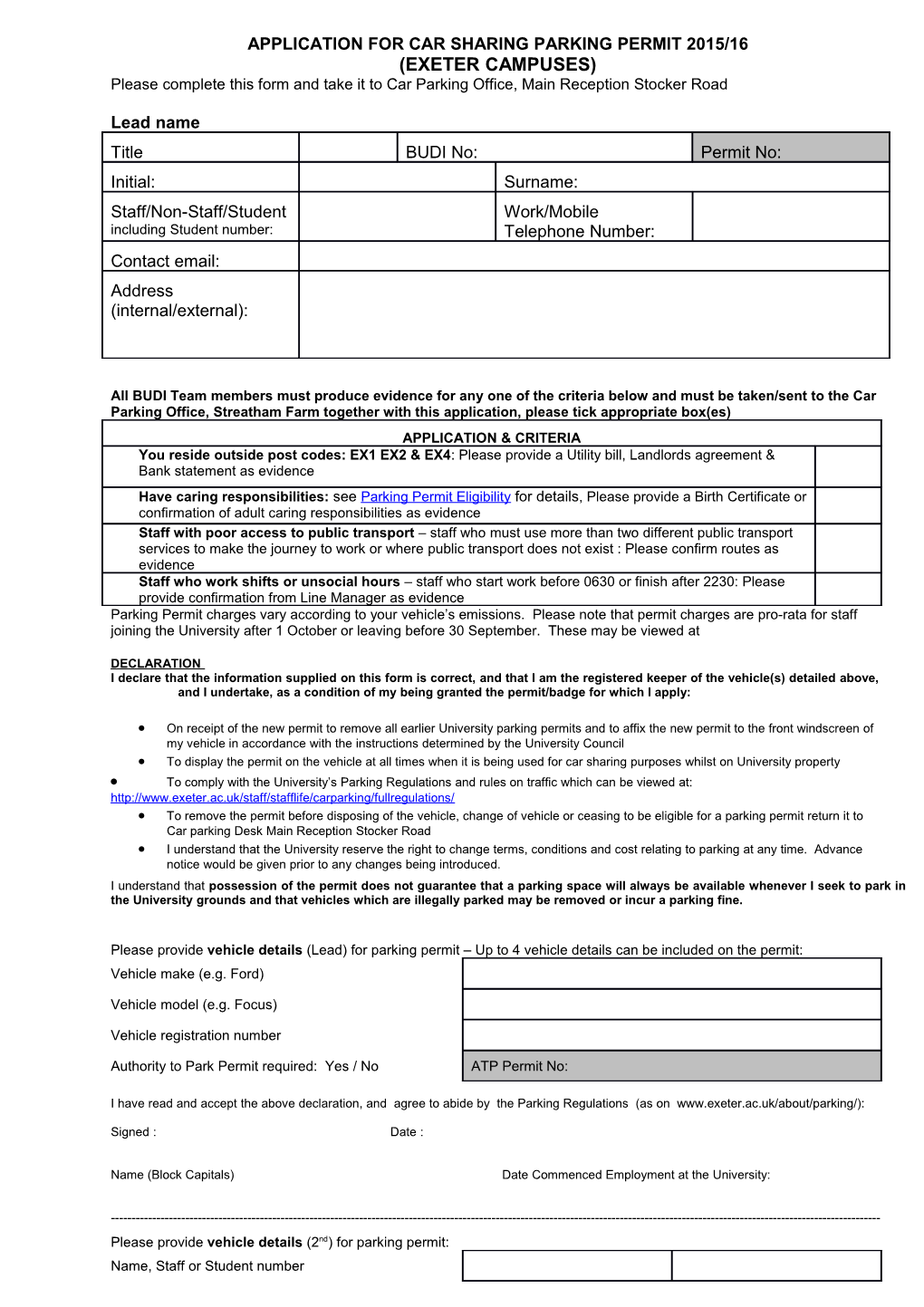 Application for Car Sharing Parking Permit 2015/16
