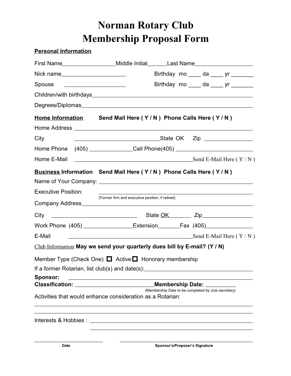 Sooner Club Personal Information Sheet