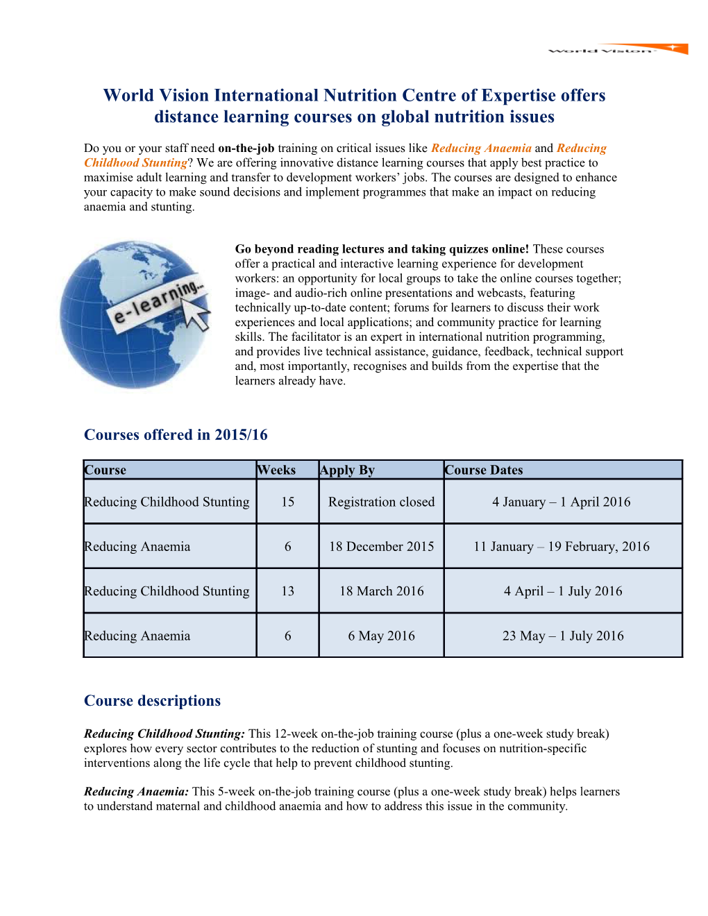 World Vision International Nutrition Centre of Expertise Offers Distance Learning Courses