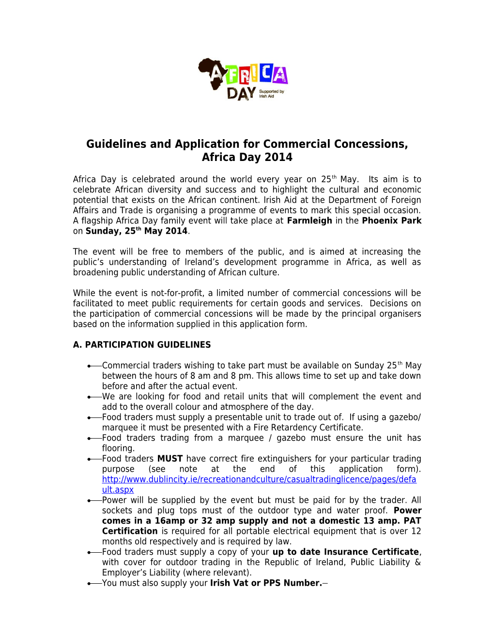 Guidelines and Application for Commercial Concessions, Africa Day 2014