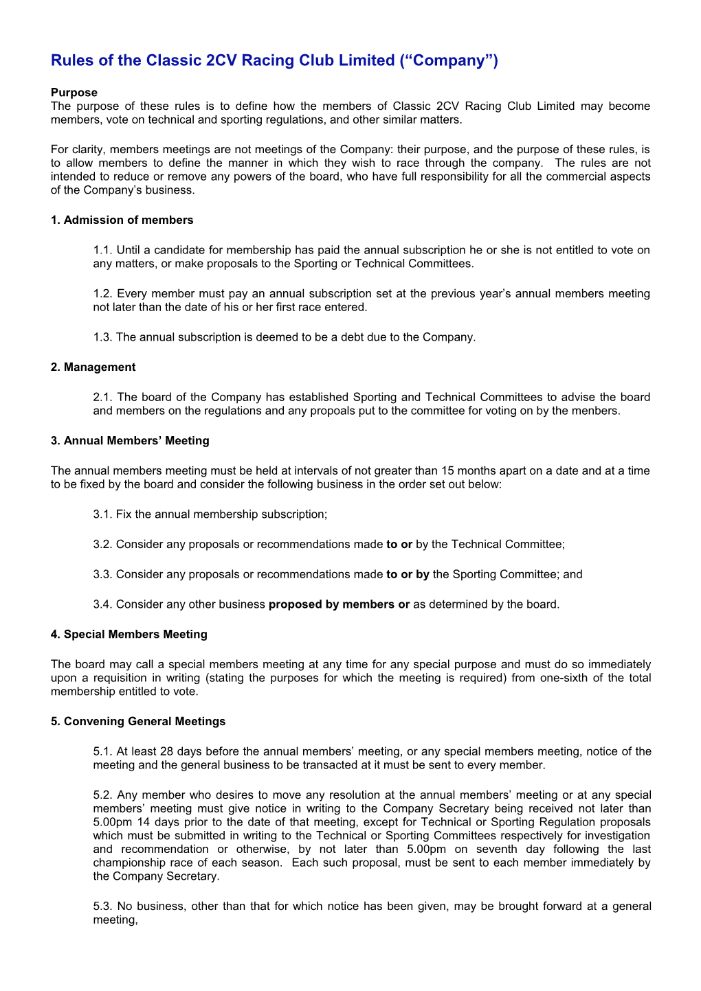 Rules of 2CV Racing Club