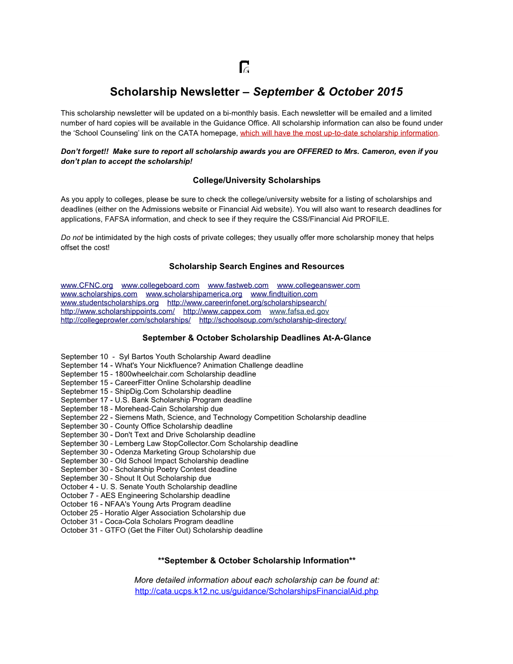 Scholarship Newsletter September & October 2015