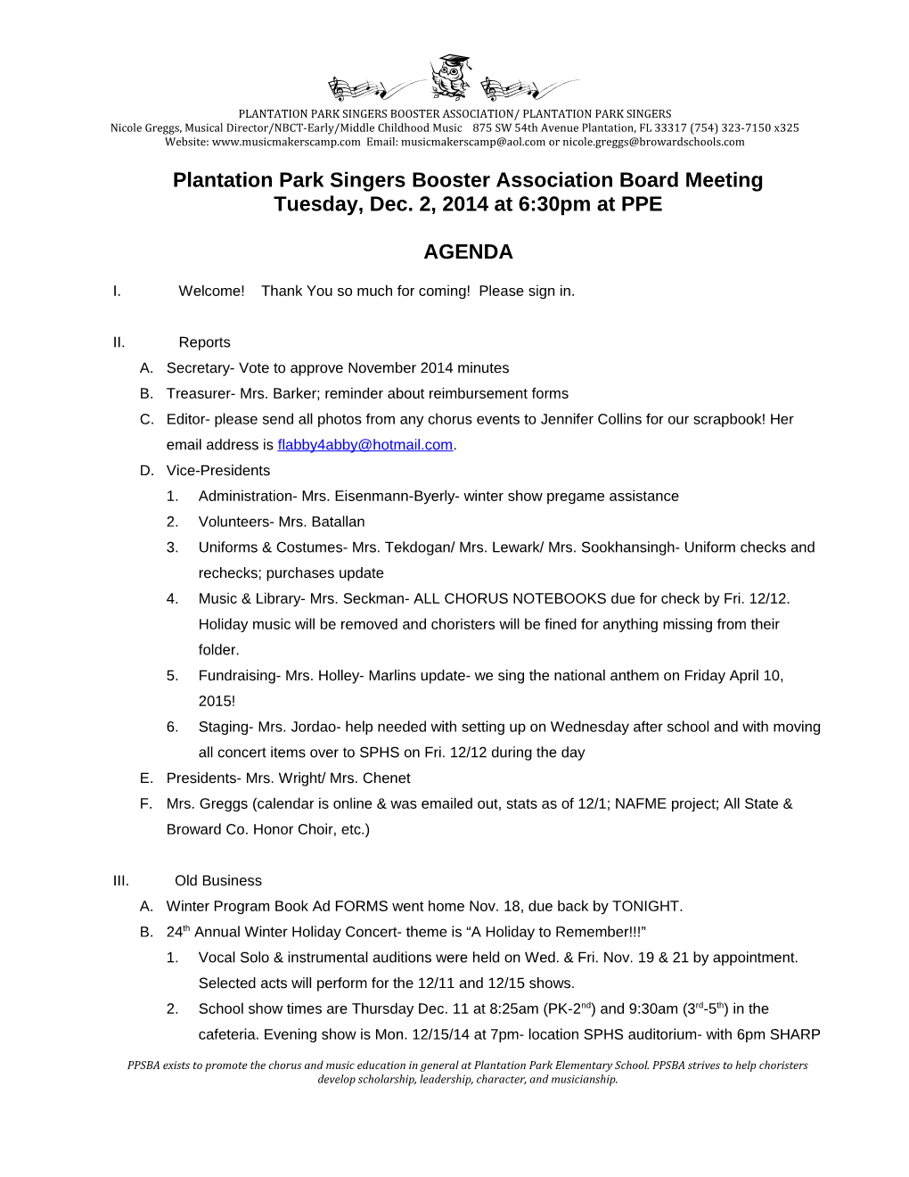 Plantation Park Singers Booster Association Board Meeting
