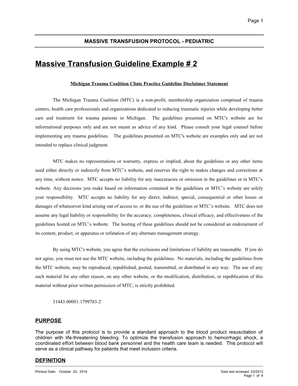 Massive Transfusion Guideline Example # 2
