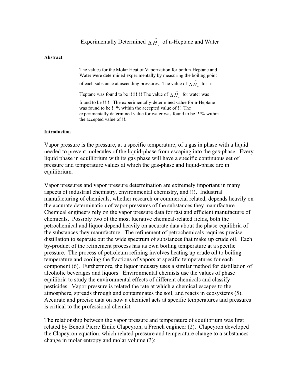 Experimentally Determined of N-Heptane and Water