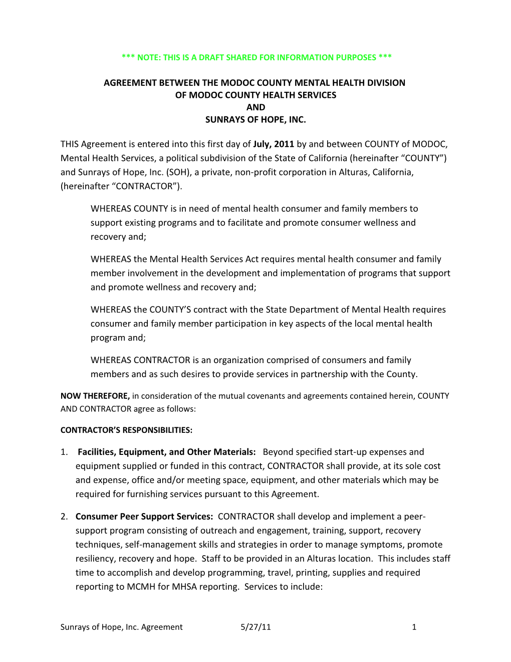 Agreement Between the Modoc County Mental Health Division