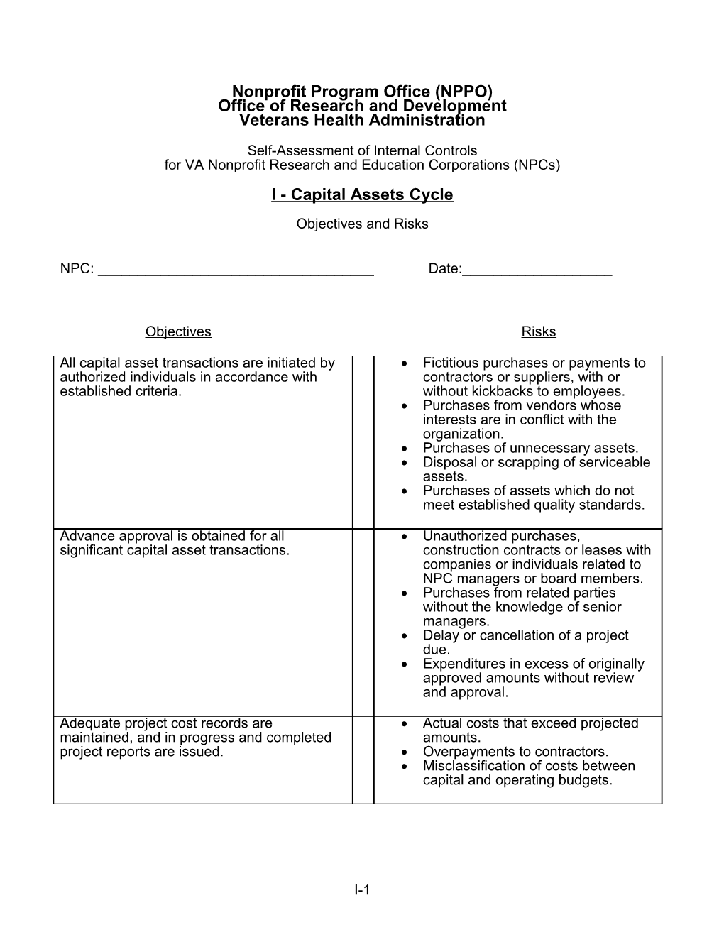 NPPO ORD VHA - Capital Assets Cycle