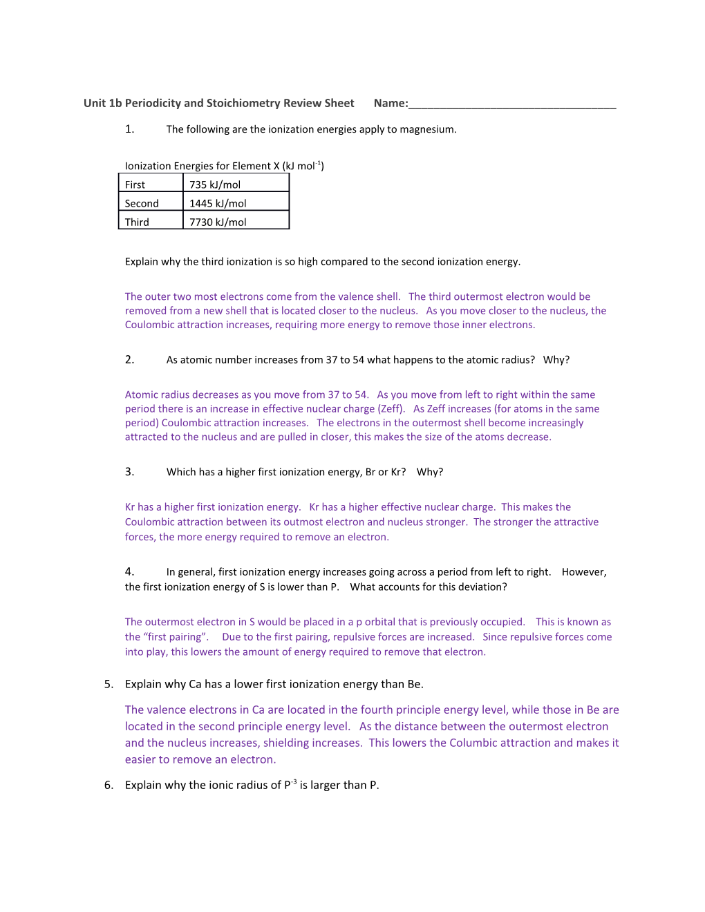 Unit 1B Periodicity and Stoichiometry Review Sheetname:______