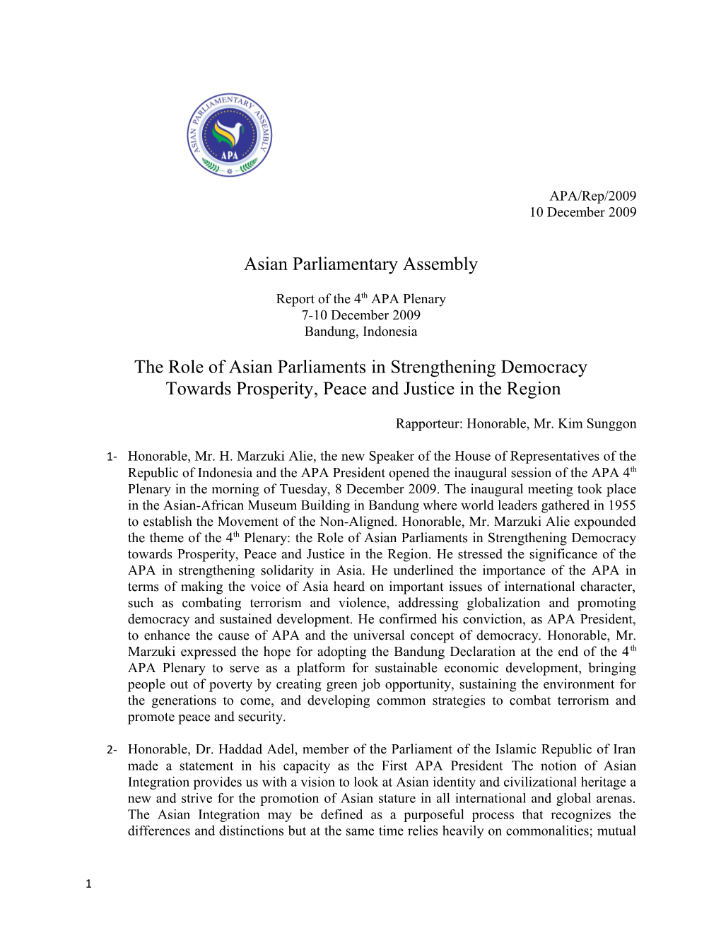 Report of the 4Th APA Plenary