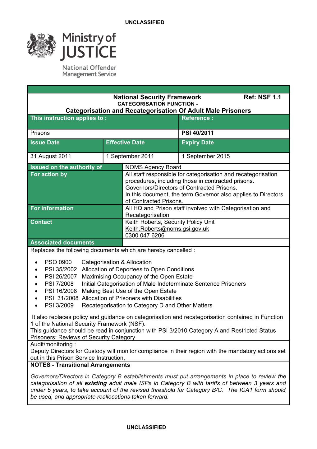 PSI 40/2011: Categorisation and Recategorisation of Adult Male Prisoners