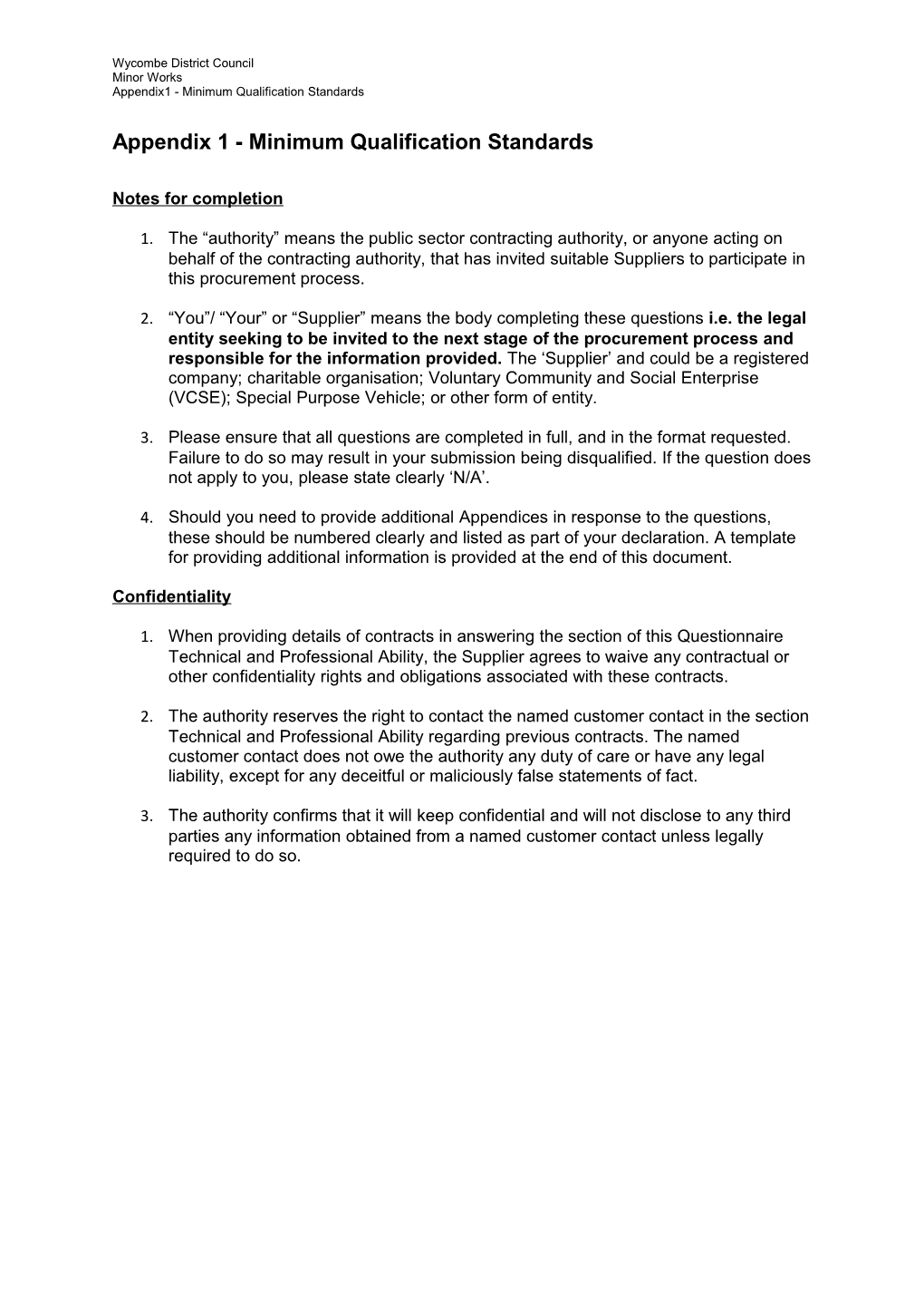 Appendix 1 - Minimum Qualification Standards