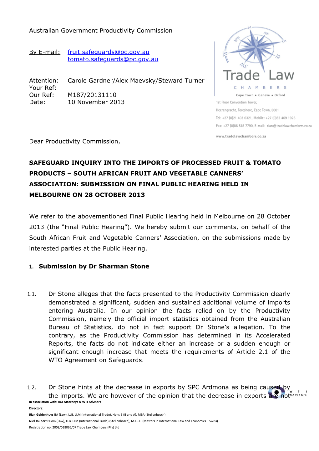 Submission AR44 - South African Fruit and Vegetable Canners' Association - Import of Processed