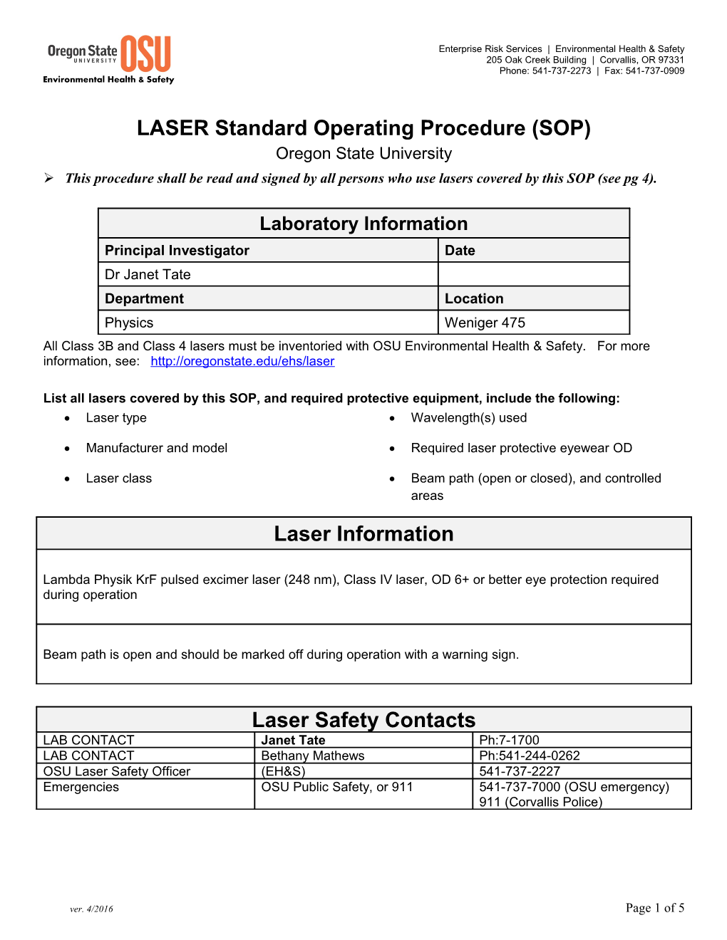 LASER Standard Operating Procedure (SOP)