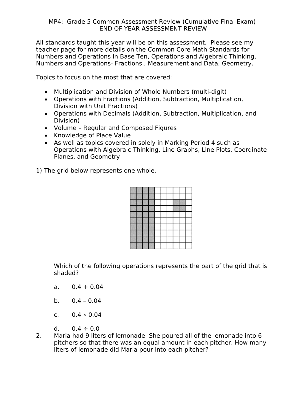 MP4: Grade 5 Common Assessment Review (Cumulative Final Exam)
