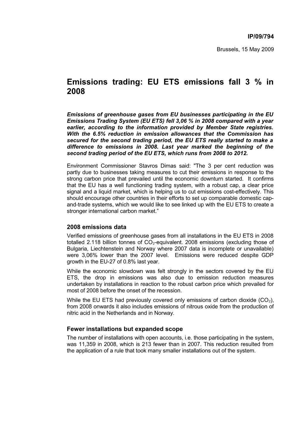 Emissions Trading: EU ETS Emissions Fall 3 % in 2008