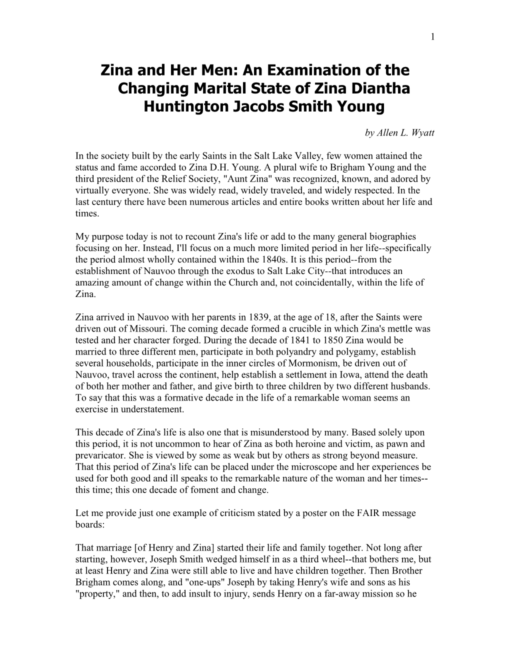 Zina and Her Men: an Examination of the Changing Marital State of Zina Diantha Huntington