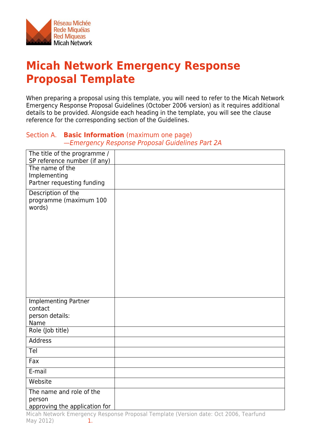 Micah Network Emergency Response Proposal Template