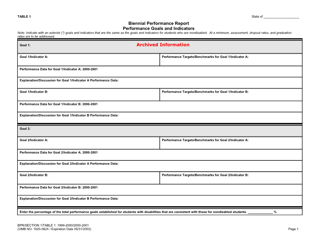 Archived Information: Biennial Performance Report: Table 1, 1A, 1B, 1C