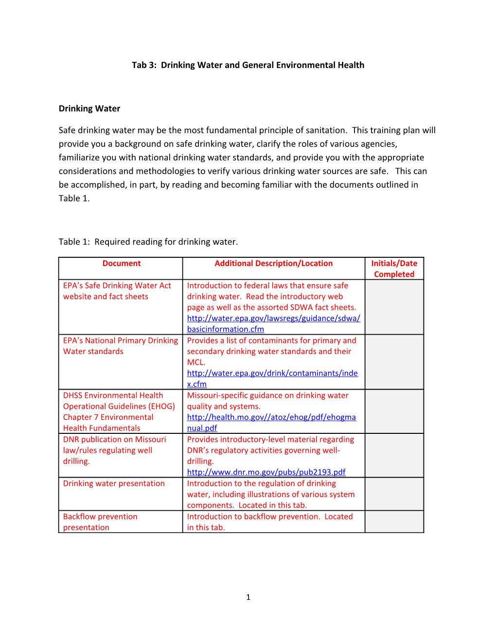 Tab 3: Drinking Water and General Environmental Health