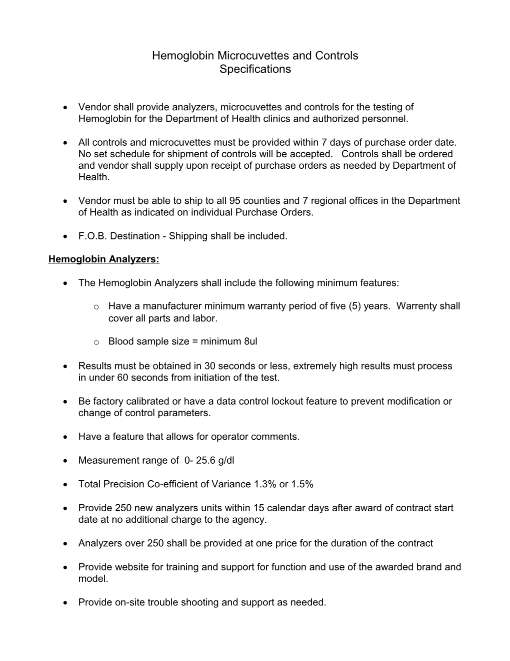 Specifications for Hemoblobin Microcuvettes & Controls for Agency 3-Year Contract 1