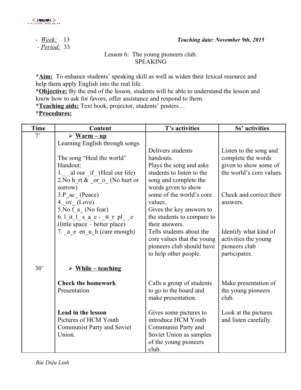 Week: 13 Teaching Date: November 9Th, 2015