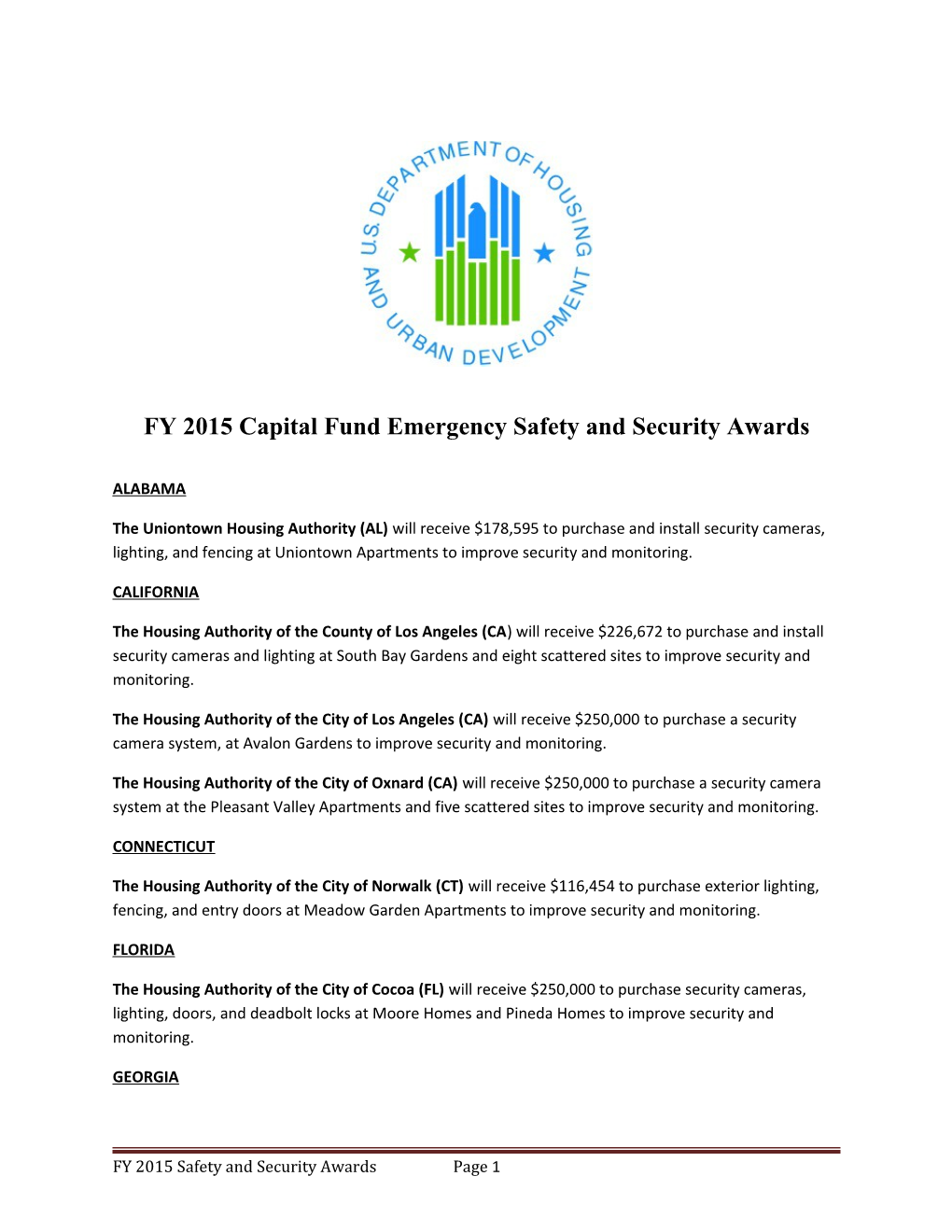FY 2015 Capital Fund Emergency Safety and Security Awards