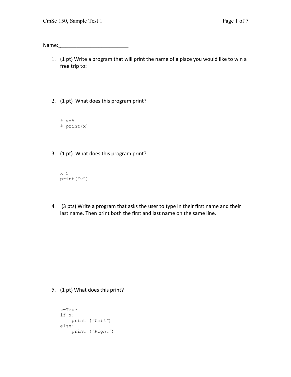 Cmsc 150, Sample Test 1Page 1 of 7