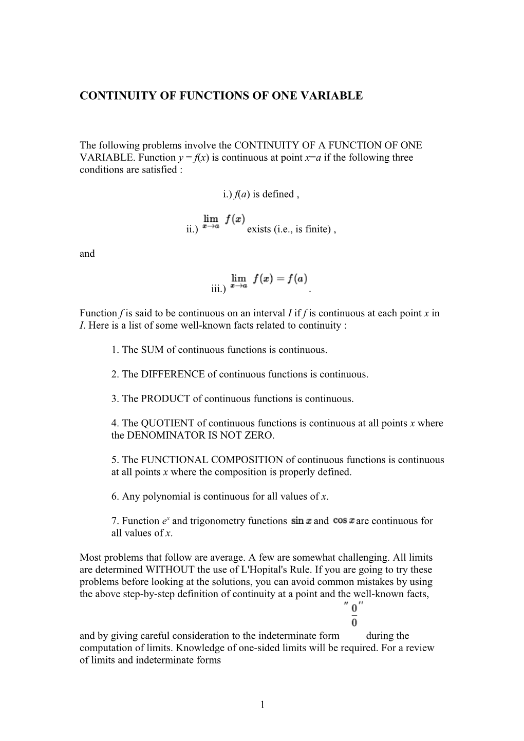 Continuity of Functions of One Variable