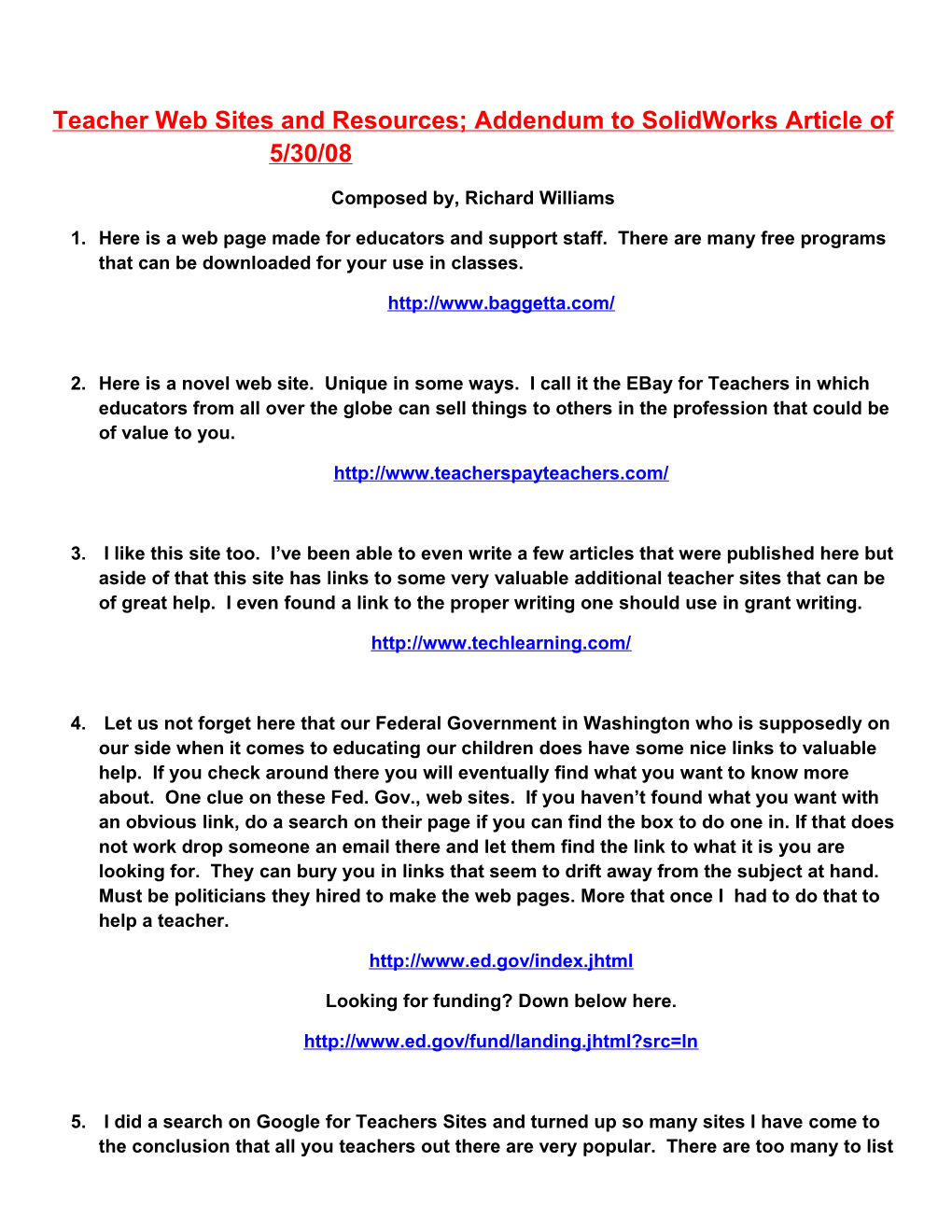 Teacher Web Sites and Resources; Addendum to Solidworks Article of 5/30/08