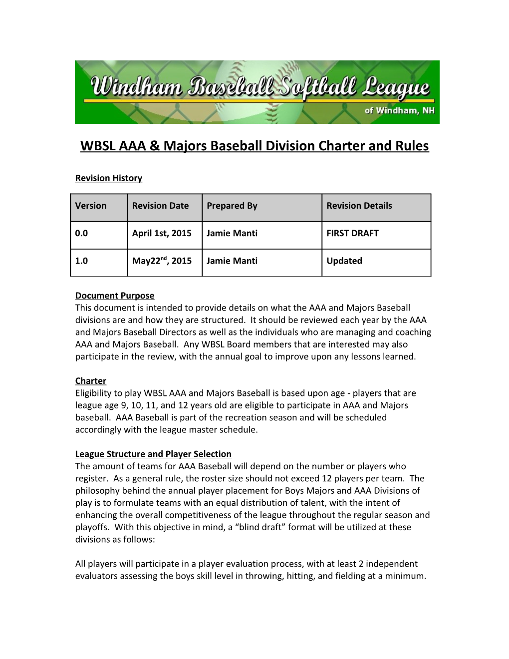WBSL AAA & Majors Baseball Division Charter and Rules