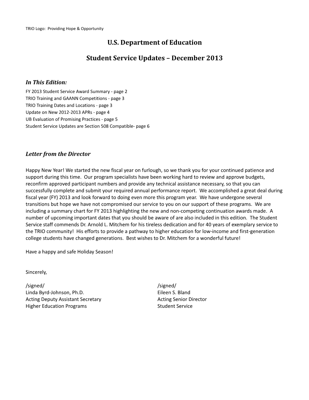 Student Service Updates December 2013 Newsletter (MS Word)