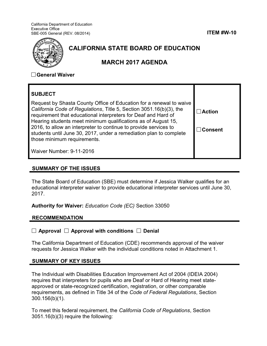 March 2017 Waiver Item W-10 - Meeting Agendas (CA State Board of Education)