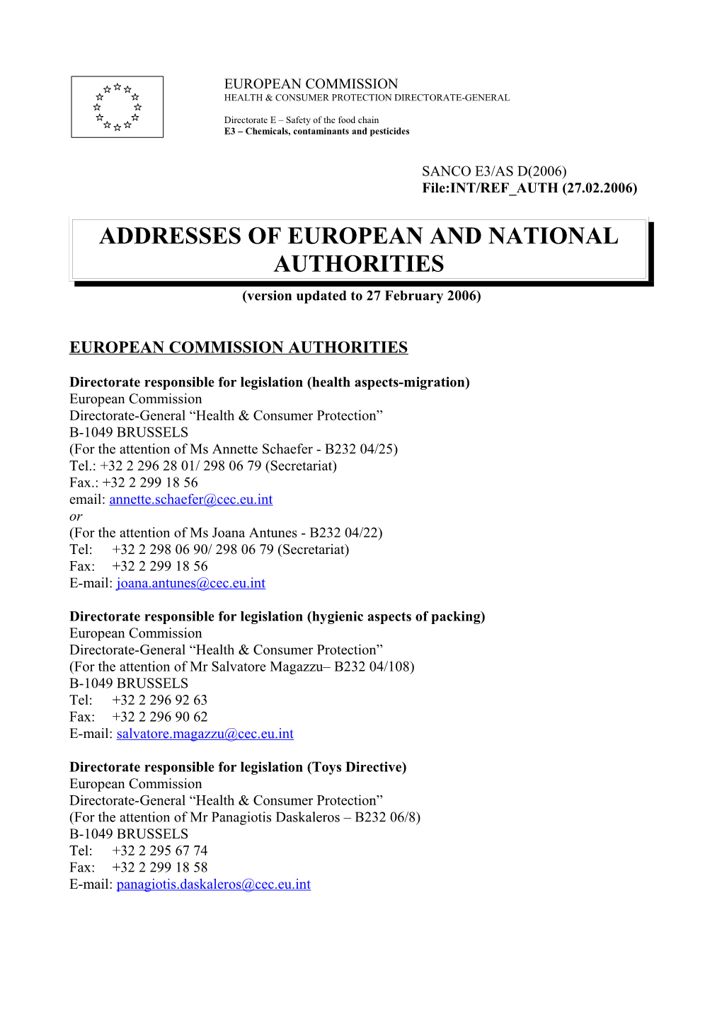 Addresses of European and National Authorities