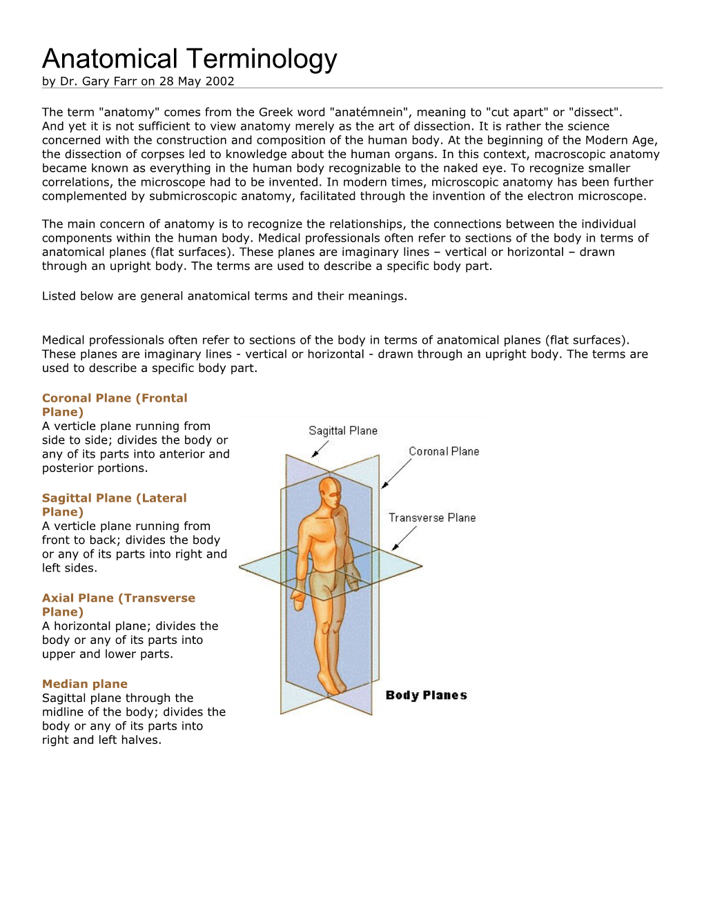 Anatomical Terminology by Dr. Gary Farr on 28 May 2002