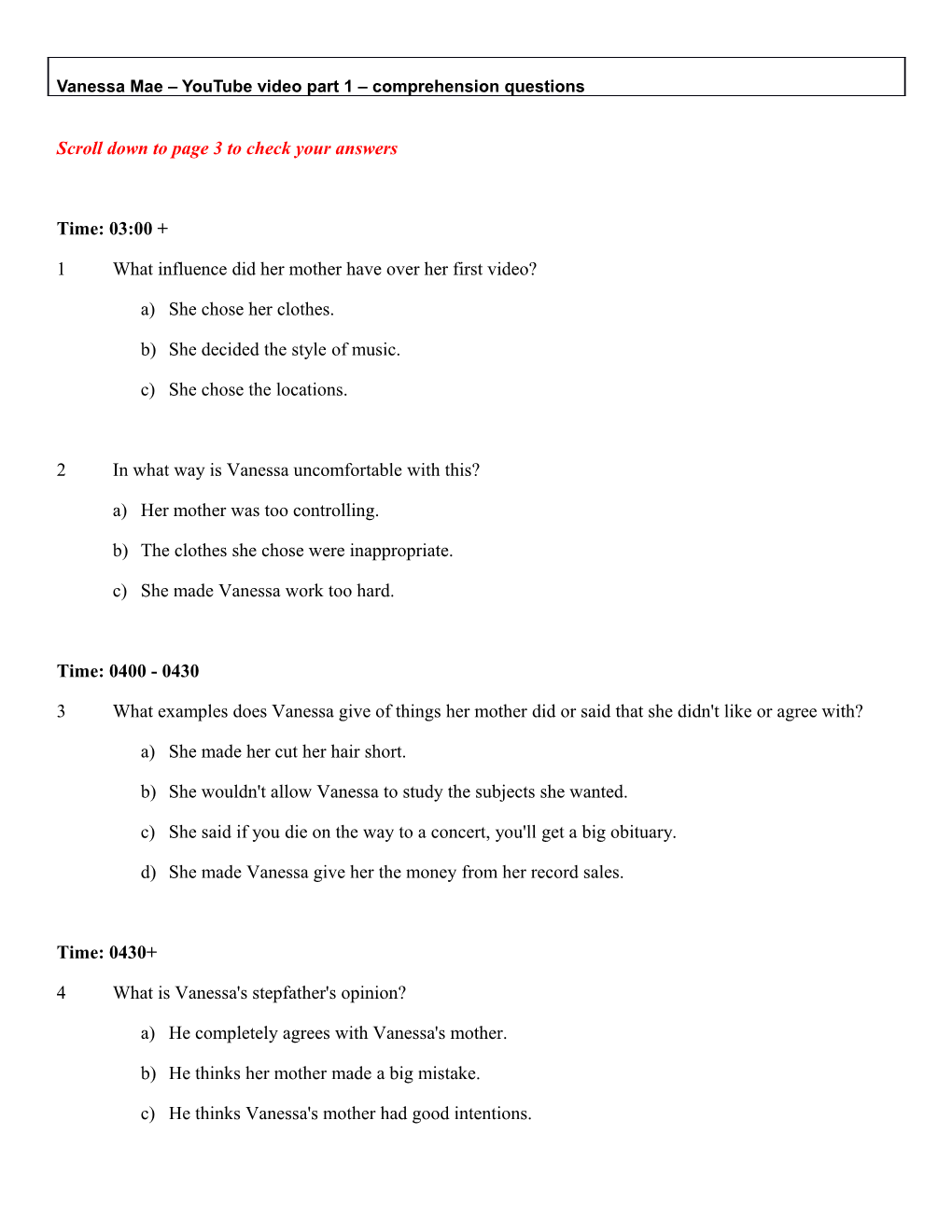 Vanessa Mae Youtube Video Part 1 Comprehension Questions