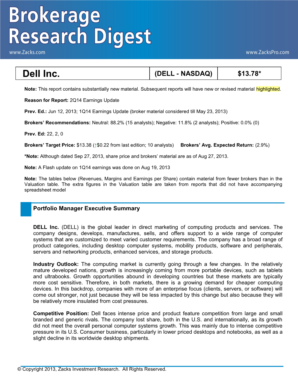 Reason for Report: 2Q14 Earnings Update