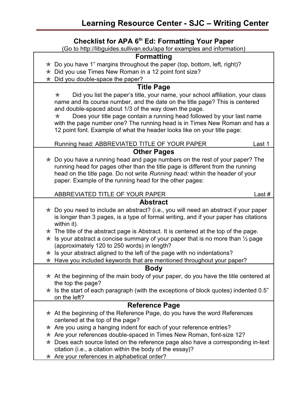 Checklist for APA 6Th Ed: Formatting Your Paper